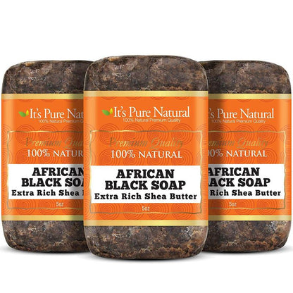 Experience the Ultimate Skin Transformation with It's Pure Natural African Black Soap Bars - Extra Rich Shea Butter (Pack of 3) - Organic Raw Soap for Radiant Skin & Hair